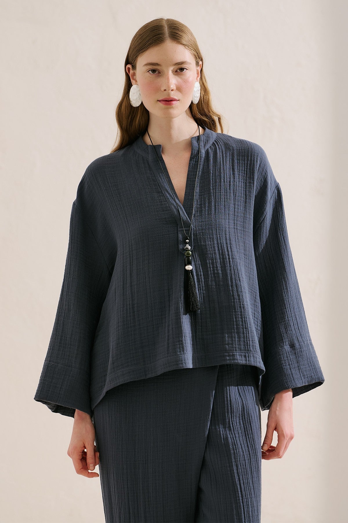 Muslin Wide-Sleeve Blouse Indigo