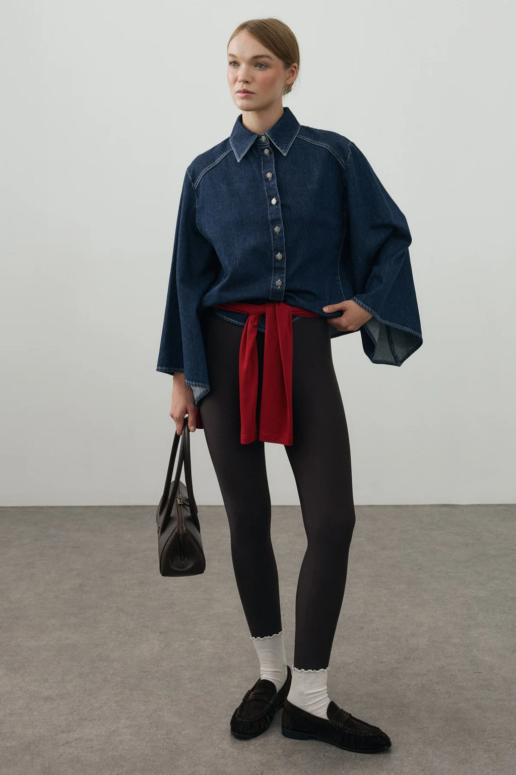 Wide-Sleeve Denim Shirt Dark Blue