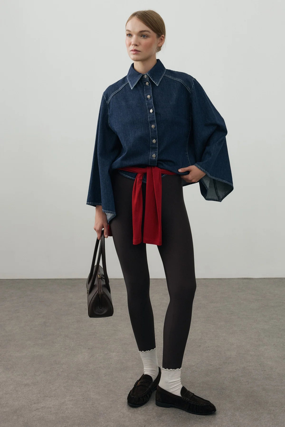 Wide-Sleeve Denim Shirt Dark Blue