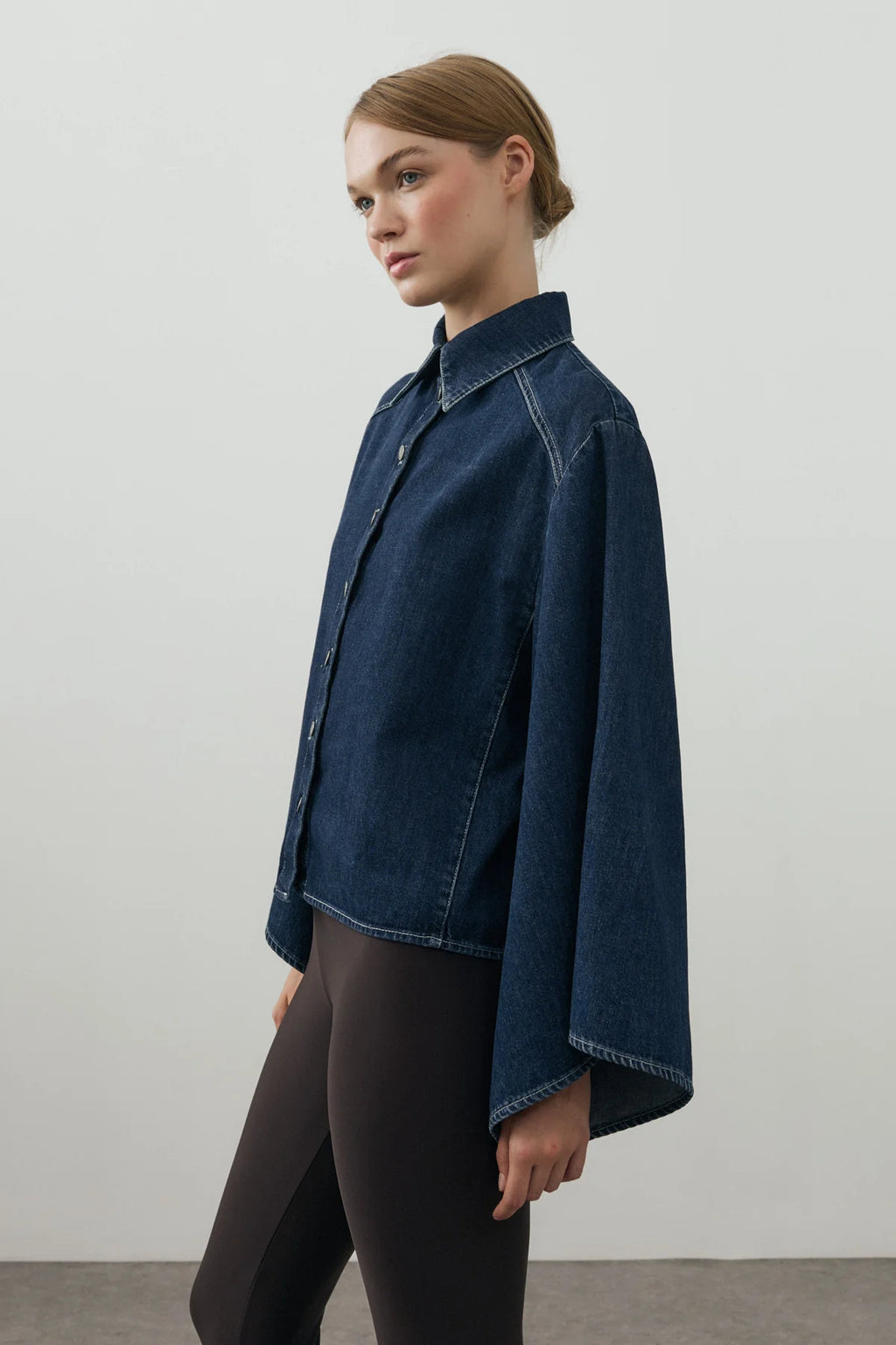 Wide-Sleeve Denim Shirt Dark Blue