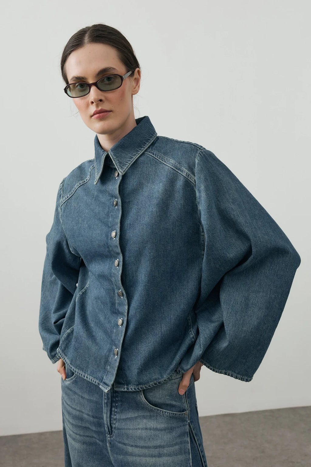 Wide-Sleeve Denim Shirt