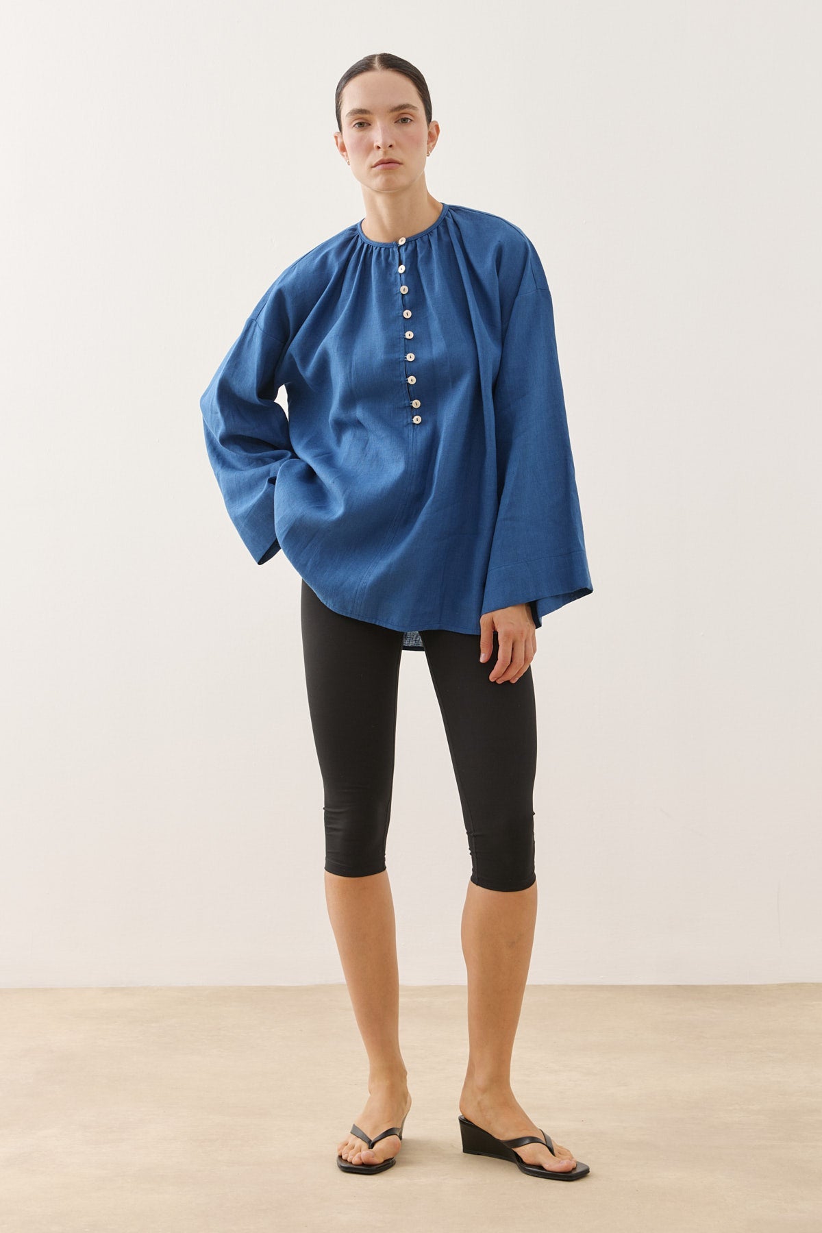 Crew Neck Linen Shirt Cobalt Blue