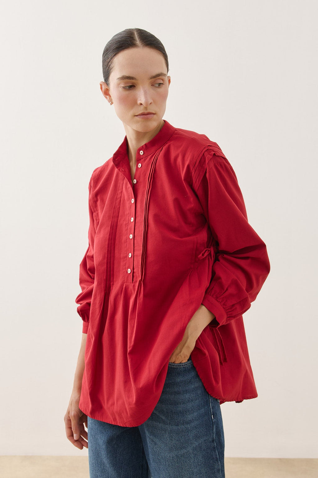 Pleated Cotton Shirt Red
