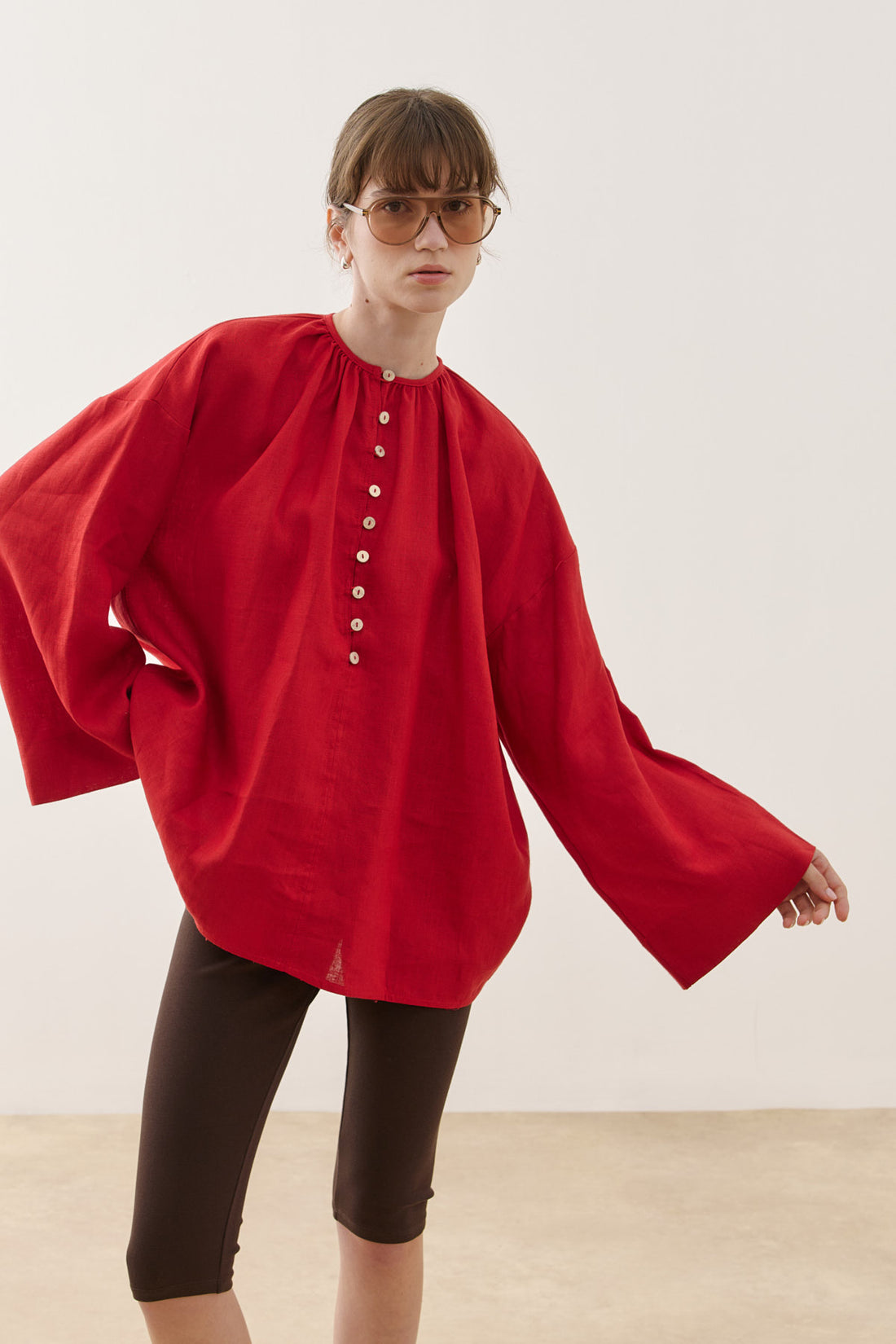 Crew Neck Linen Shirt Red