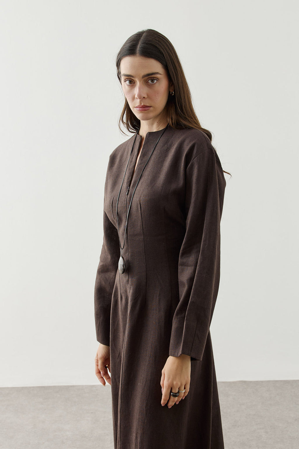 Linen Darted Zip-Up Dress Brown