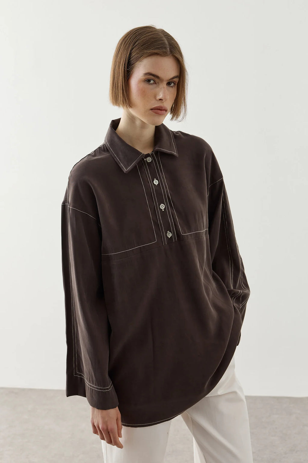 Contrast-Stitch Tencel Shirt Brown