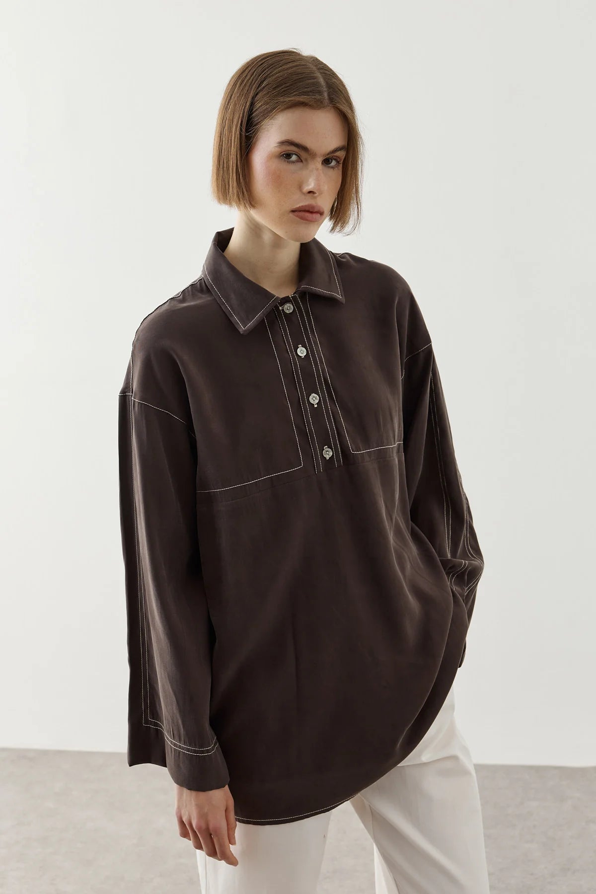 Contrast-Stitch Tencel Shirt Brown