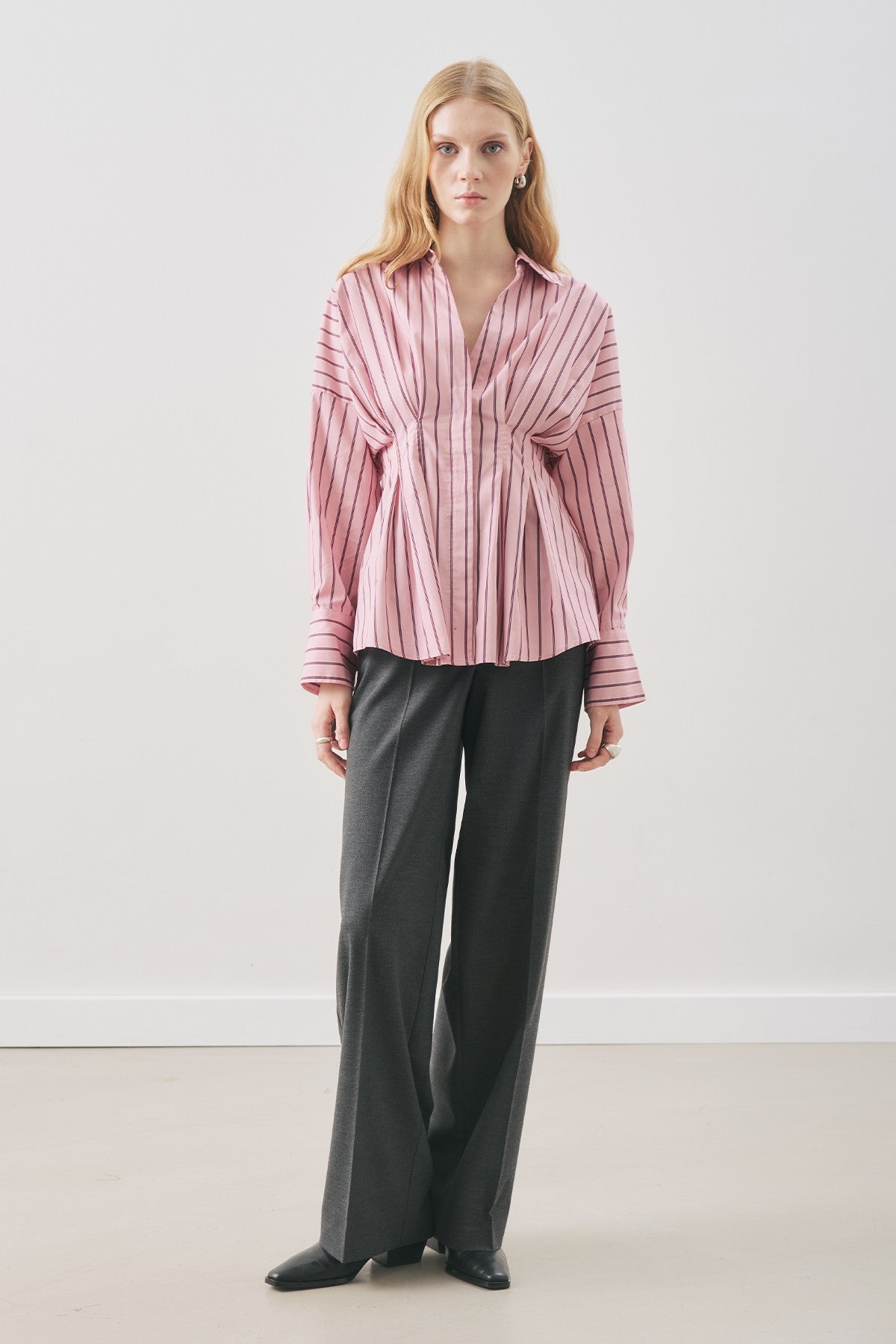 Pleated-Detail Shirt Pink Striped