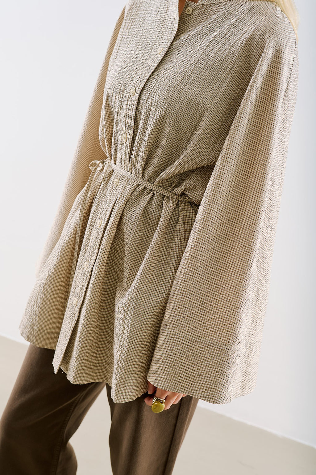 Wide-Sleeve Belted Tunic Beige
