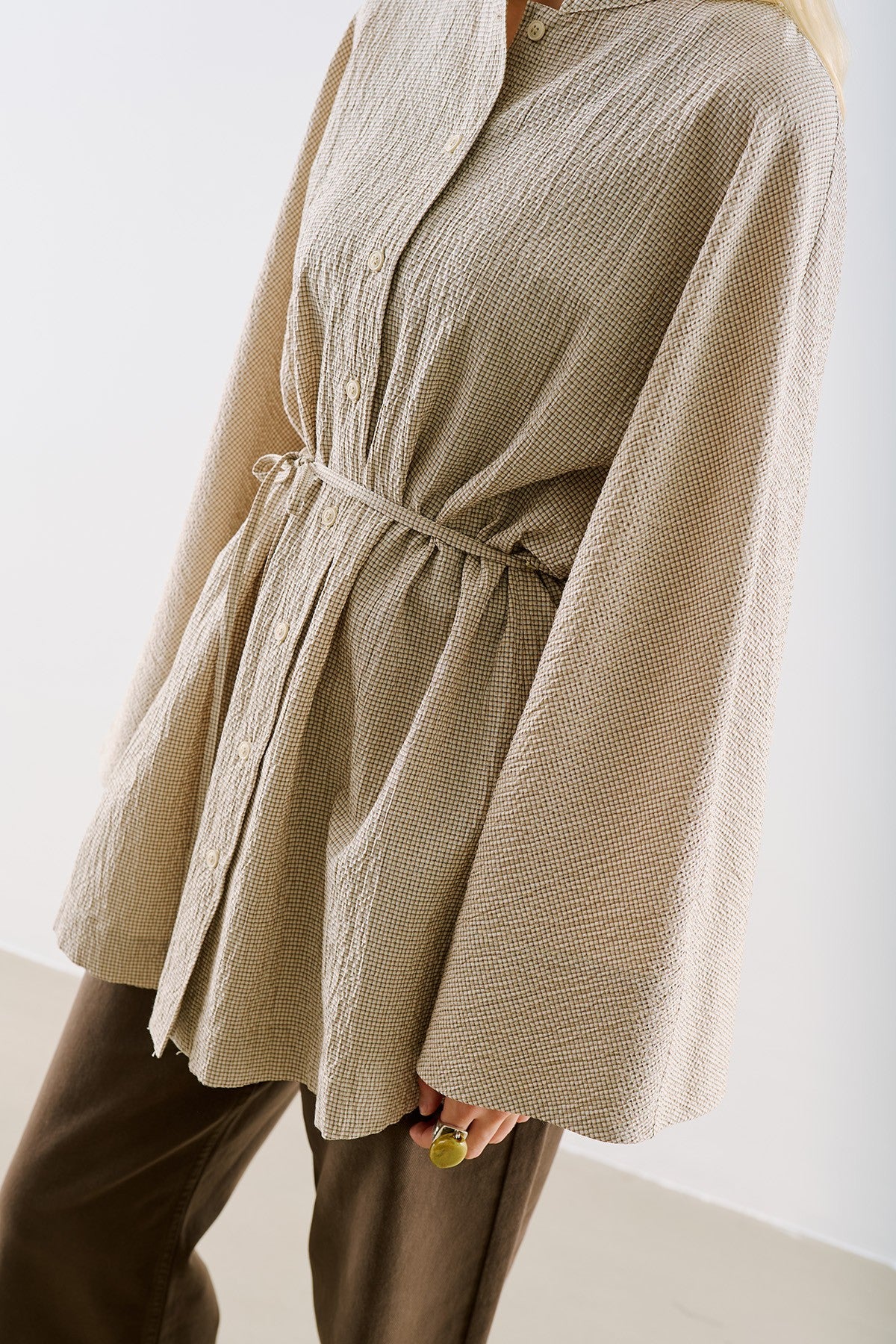 Wide-Sleeve Belted Tunic Beige