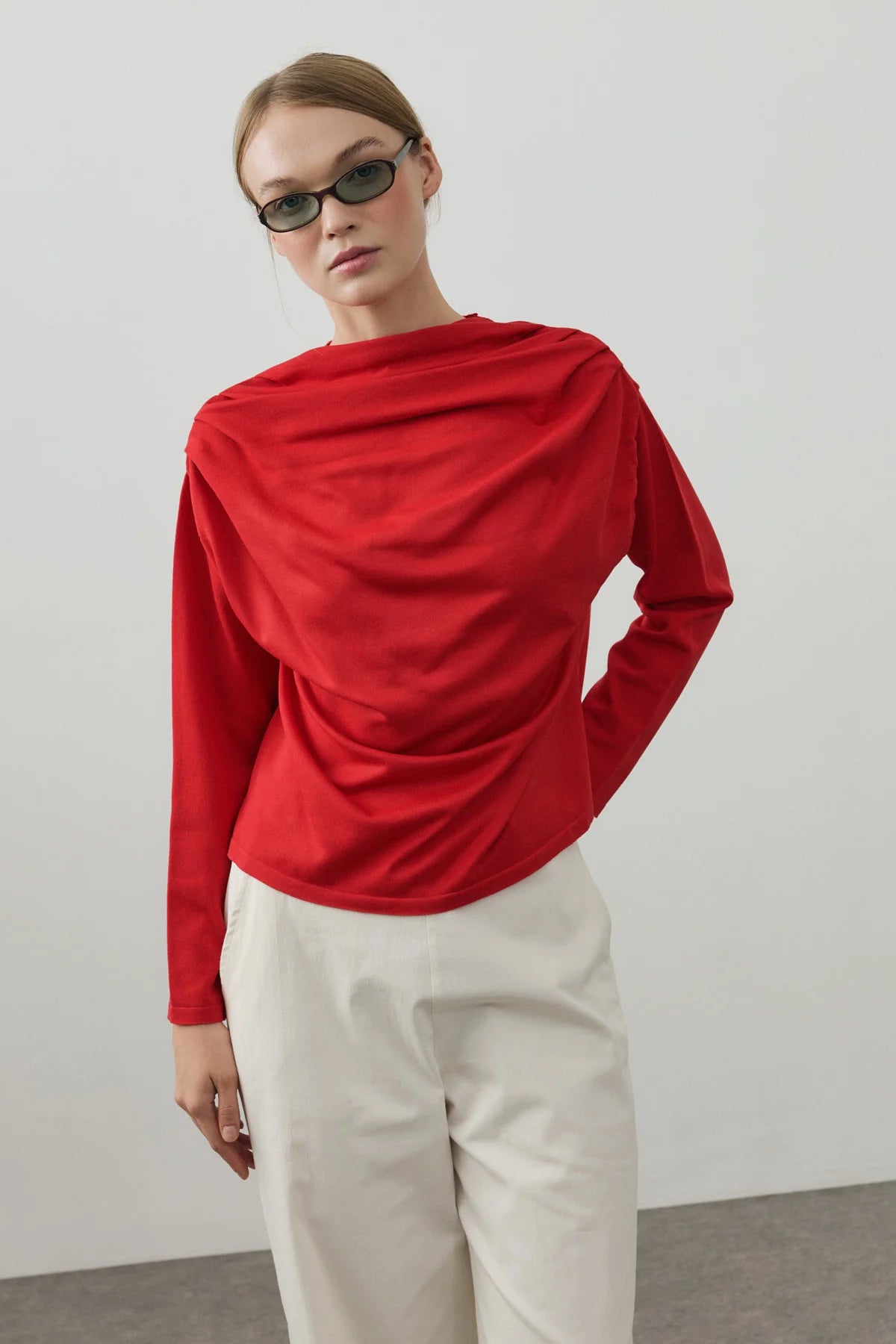 Draped Lightweight Knit Top Red