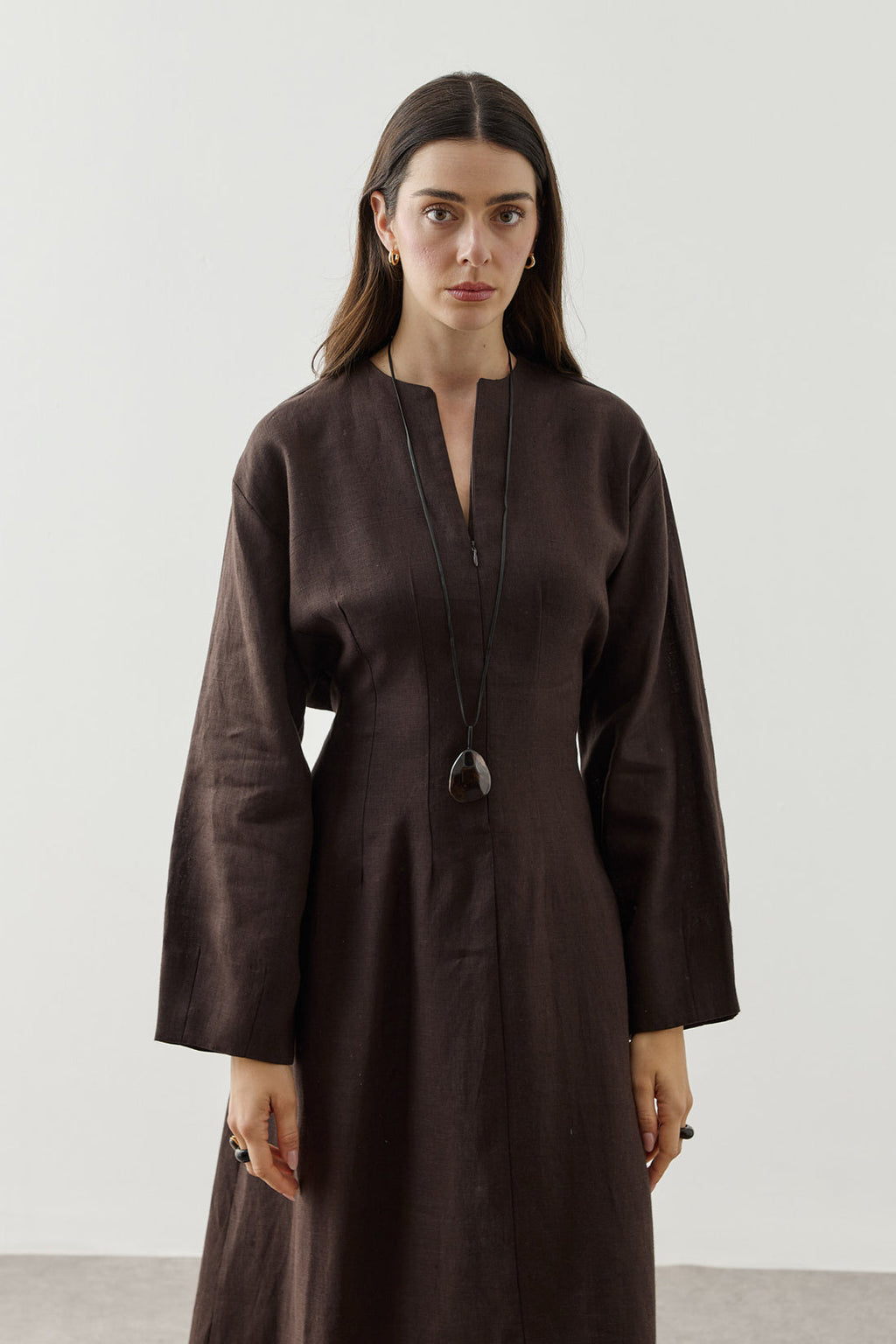 Linen Darted Zip-Up Dress Brown