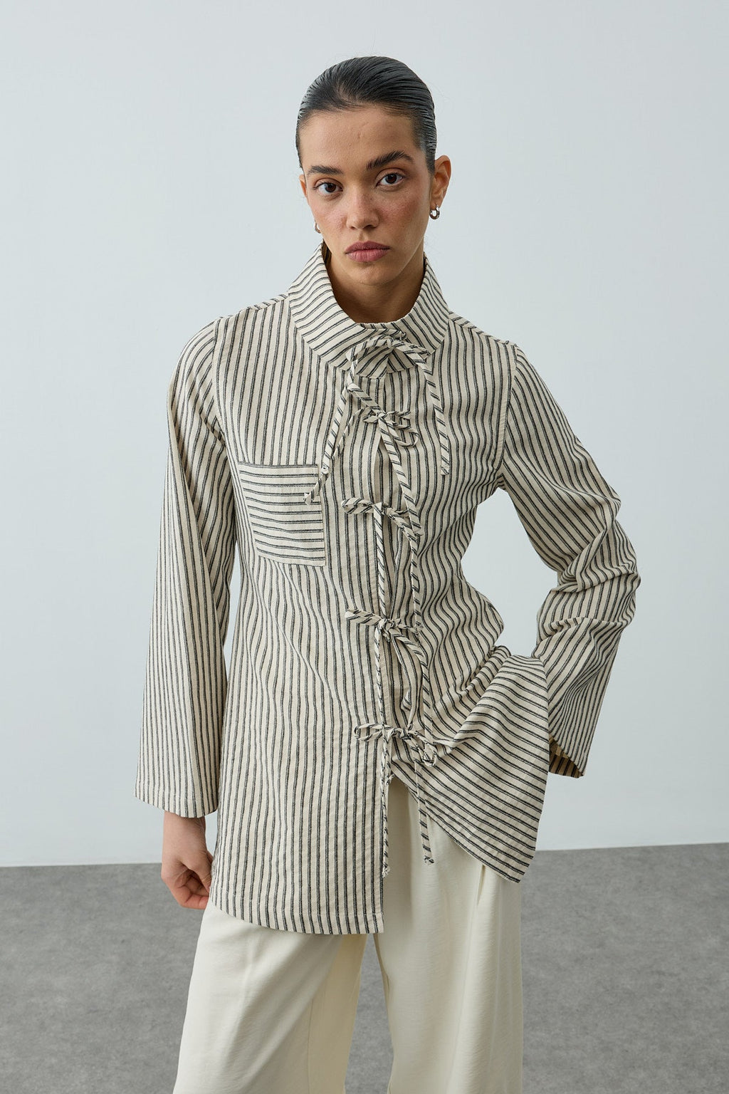Striped Tie-Front Shirt Natural