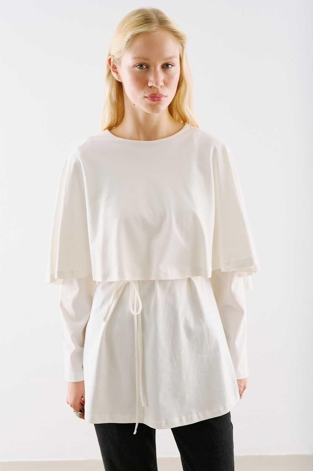 Cape-Style Belted Tunic White