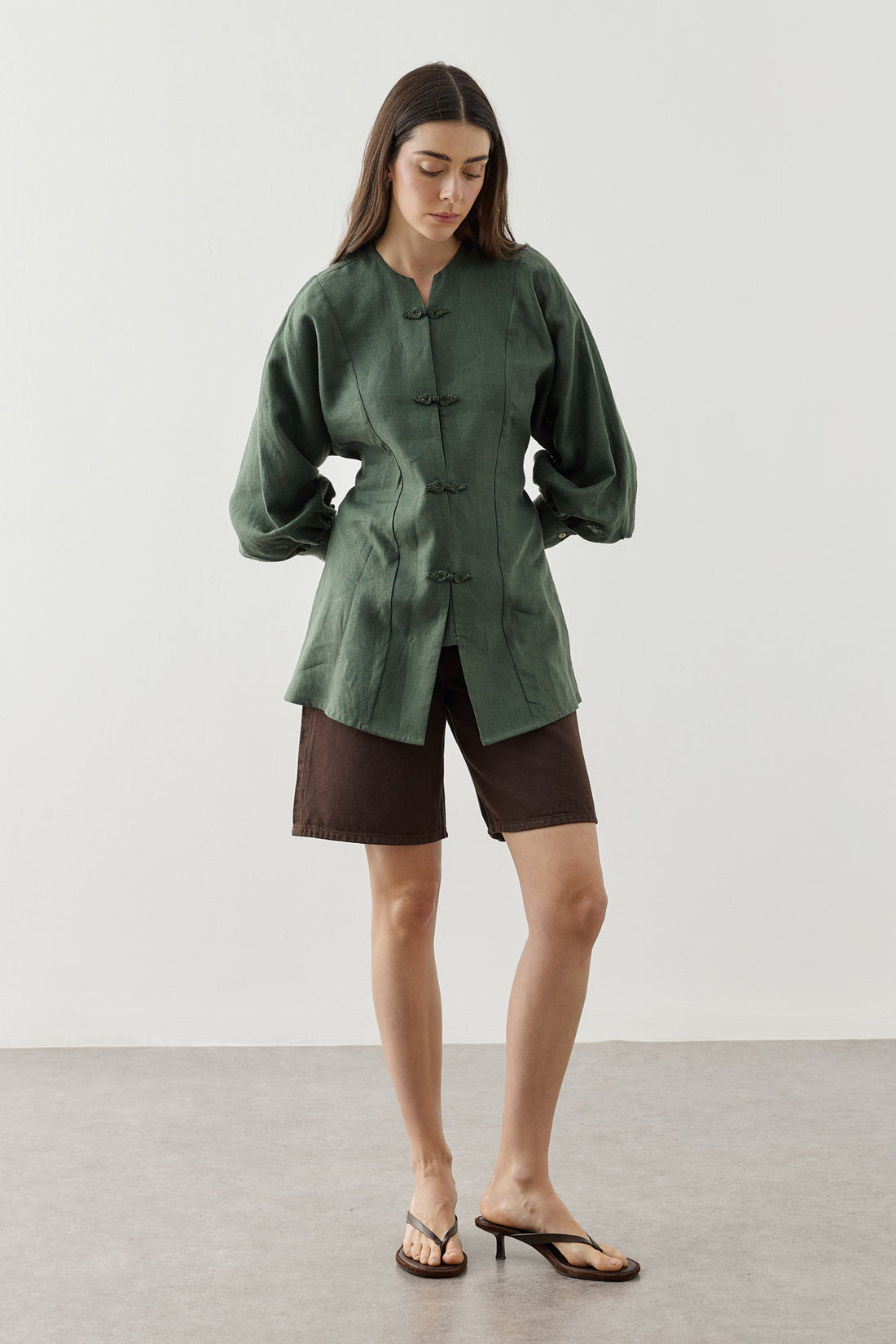 Linen Japandi Button-Up Shirt Jacket Dark Green