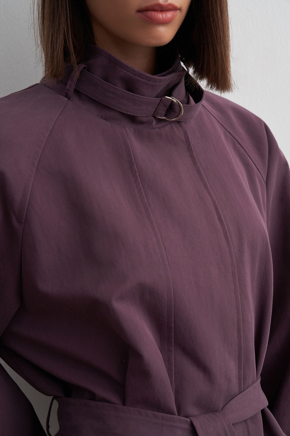 Stand-Collar Mid-Length Trench Coat Plum