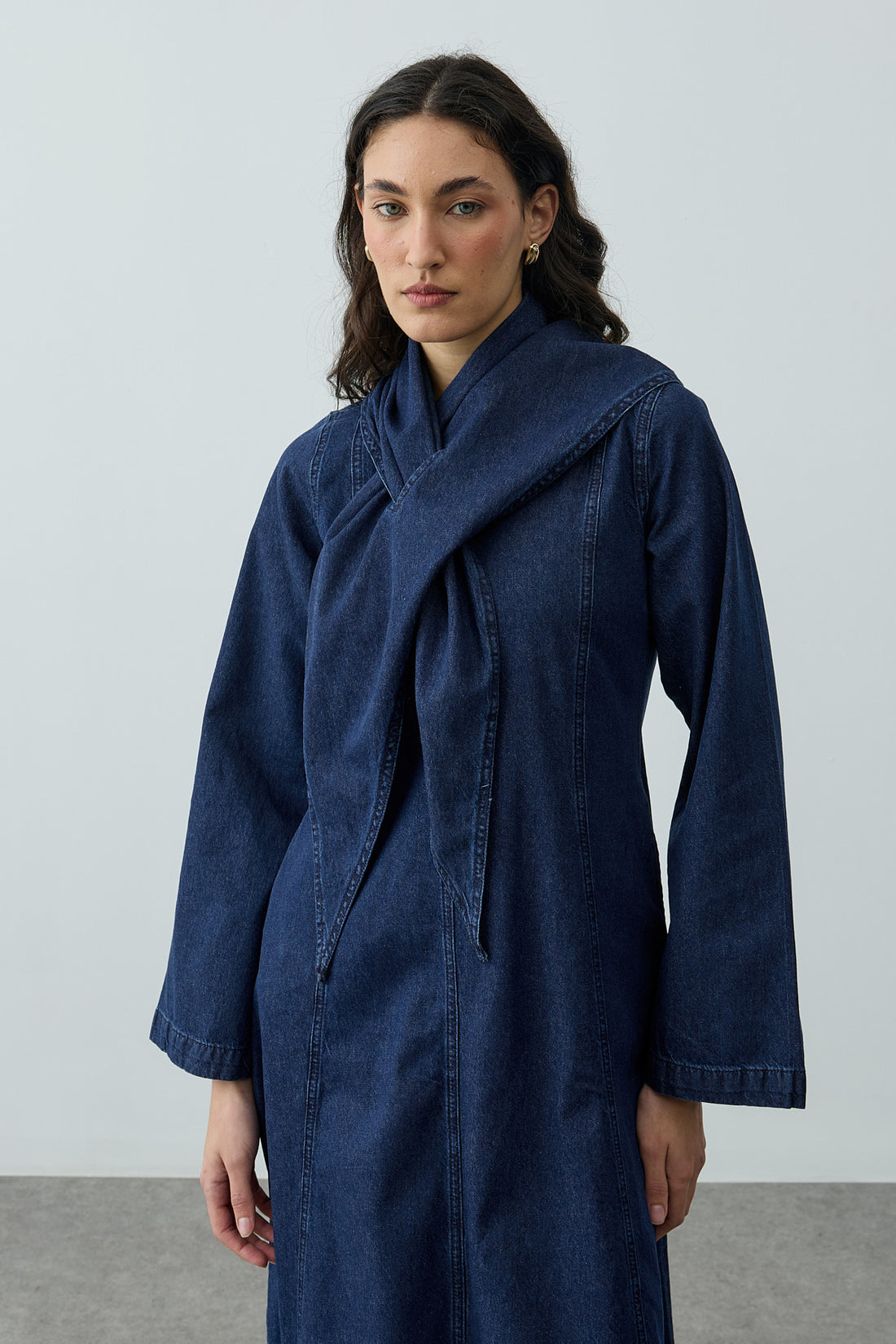 Scarf Detailed Denim Dress Navy Blue