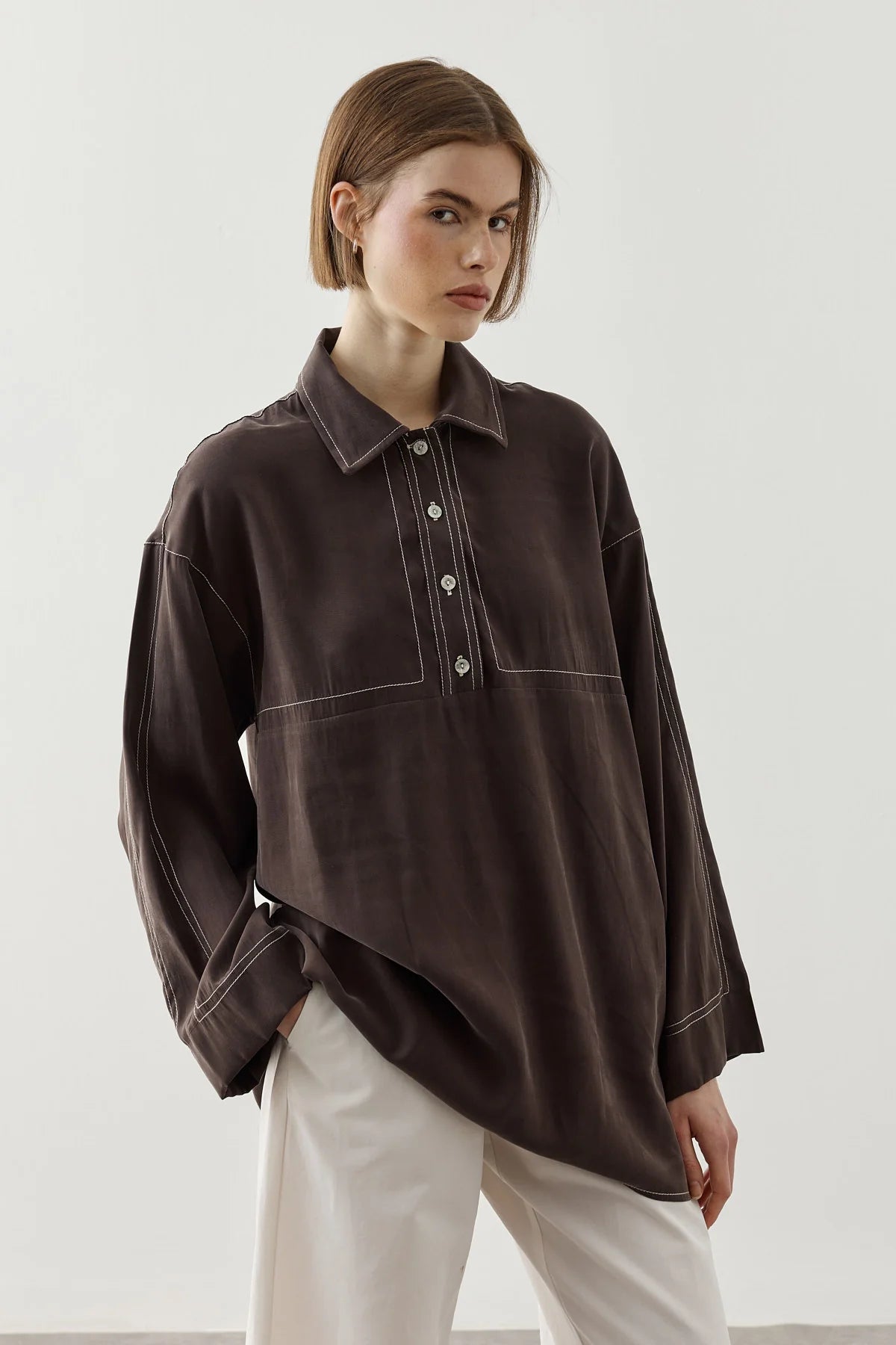 Contrast-Stitch Tencel Shirt Brown