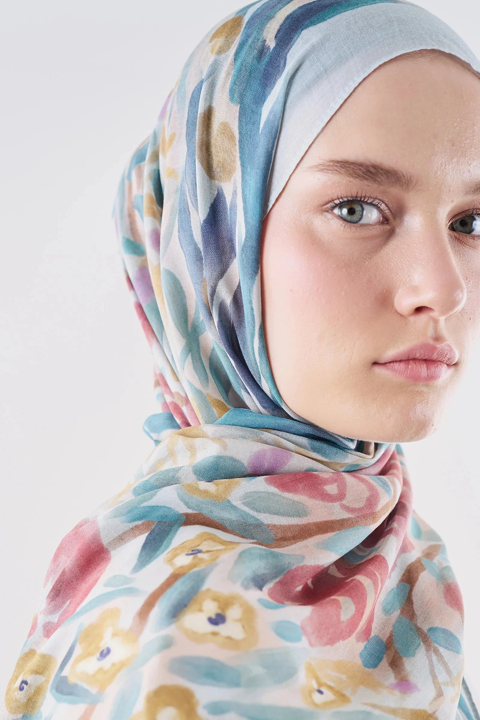 Floral Whimsy Ramie Viscose Shawl Soft Blue
