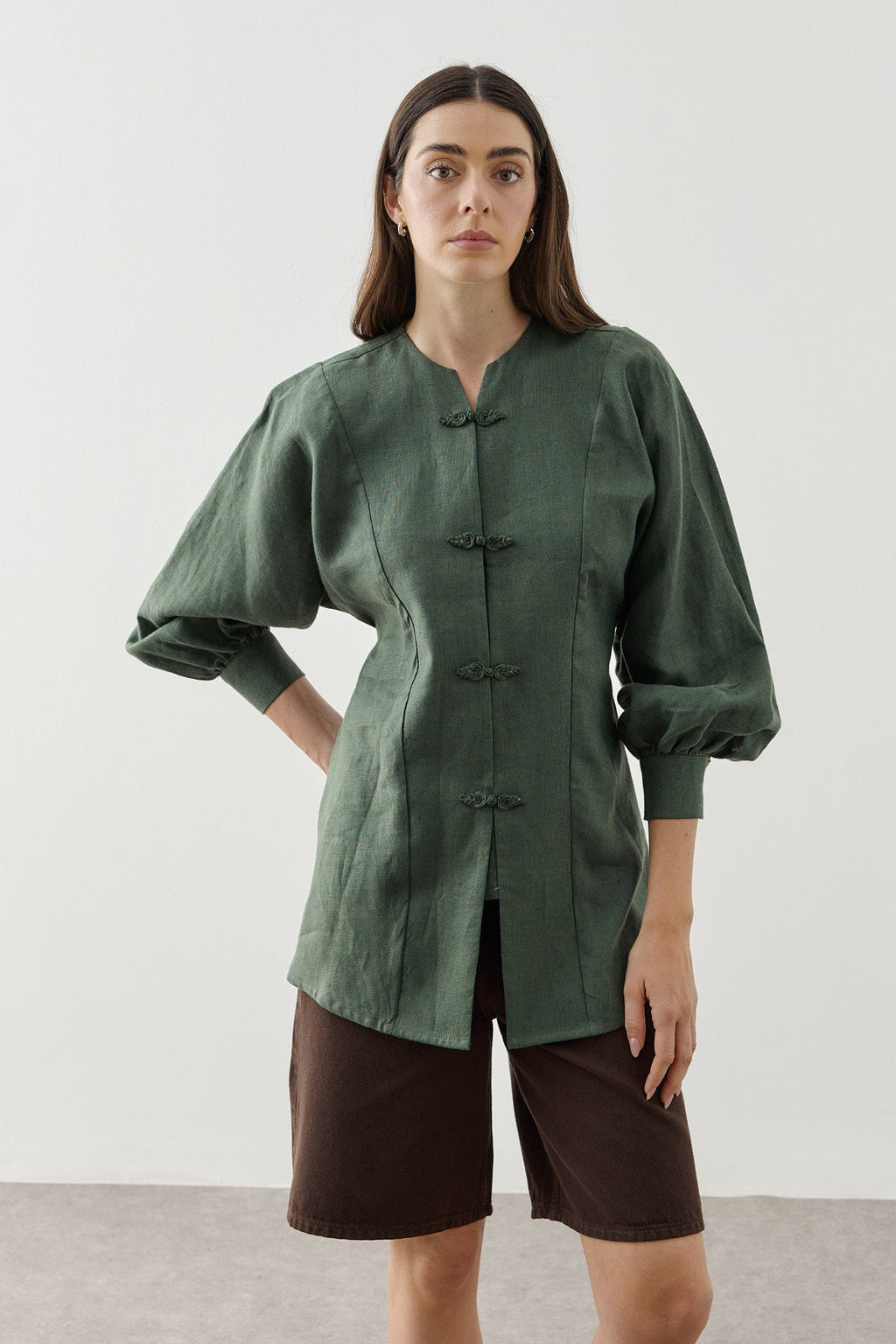 Linen Japandi Button-Up Shirt Jacket Dark Green