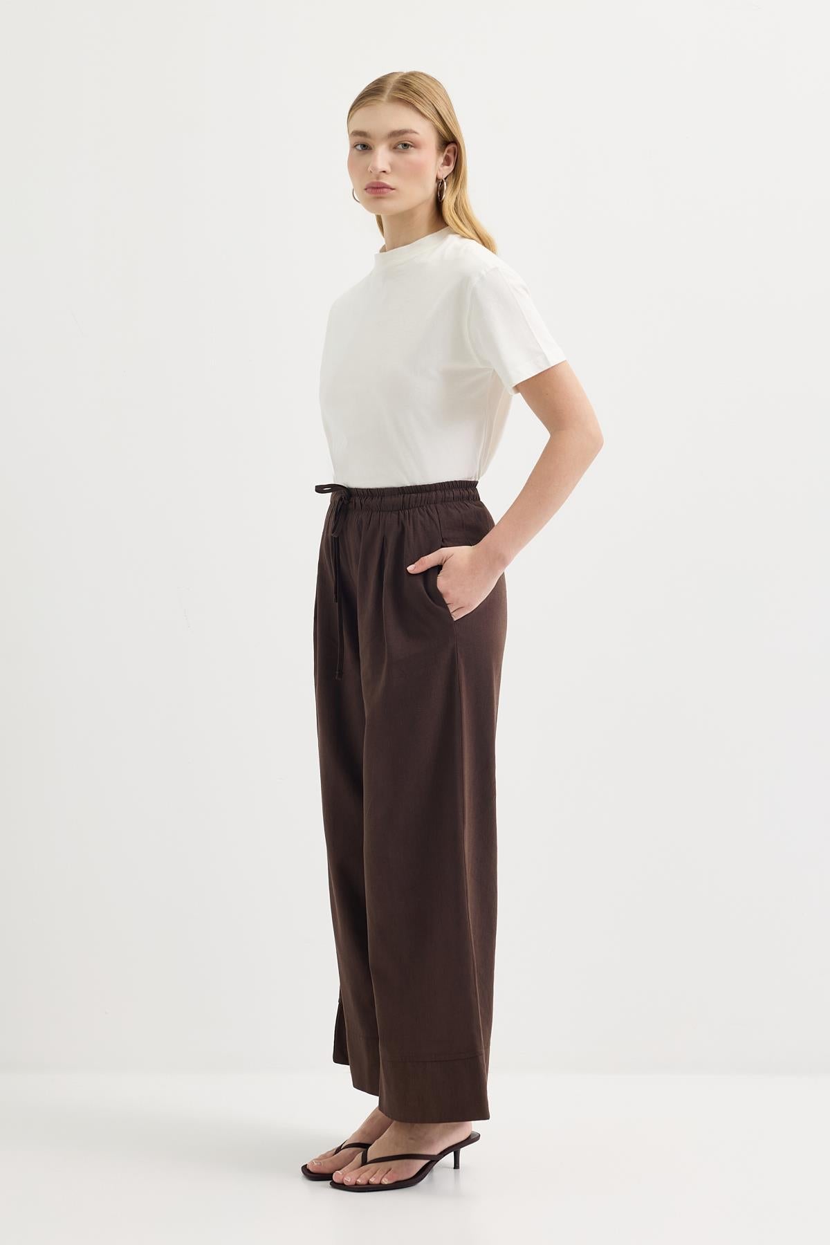 Doren Tie-Waist Linen Pants Brown