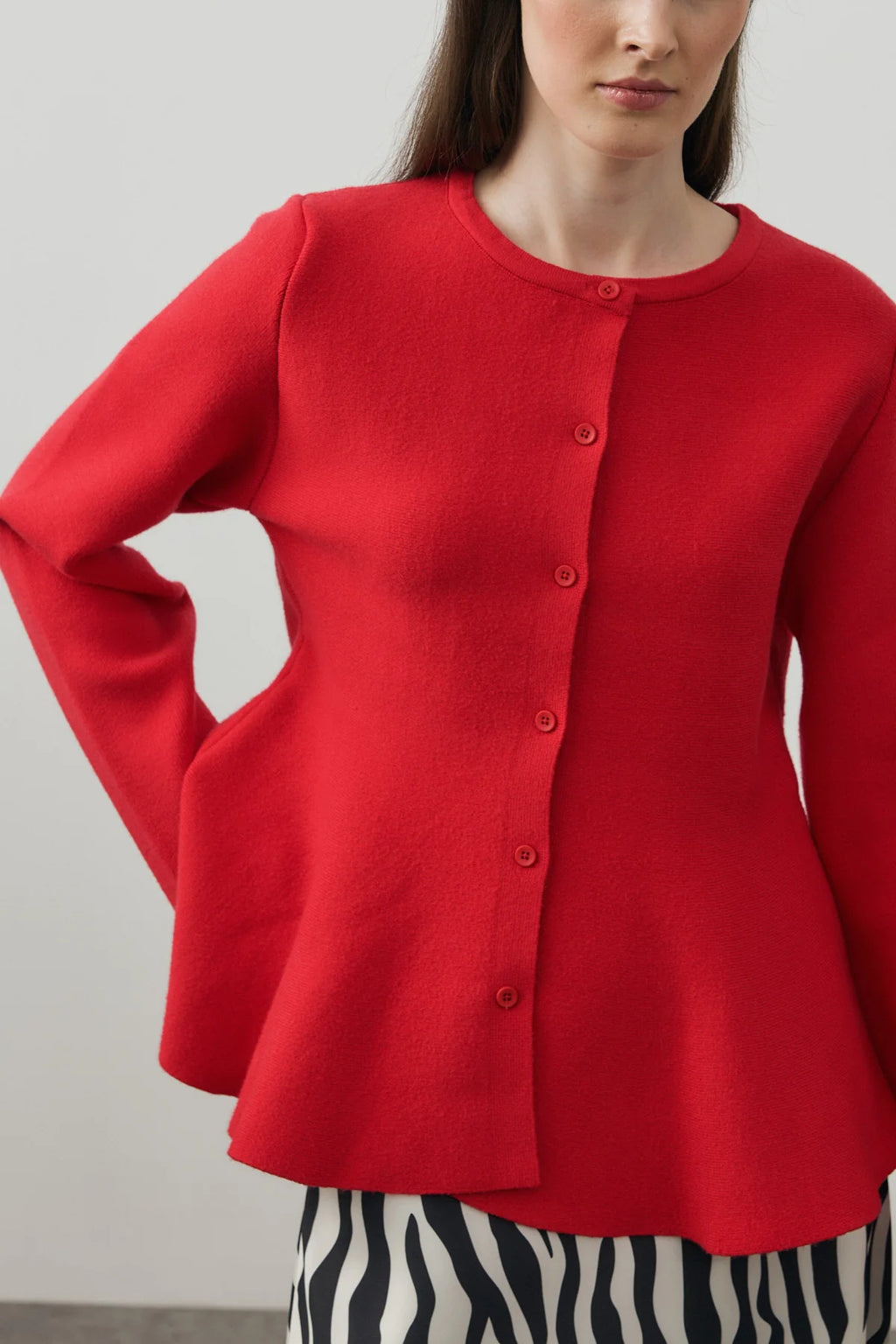 Wavy-Hem Knit Jacket Red