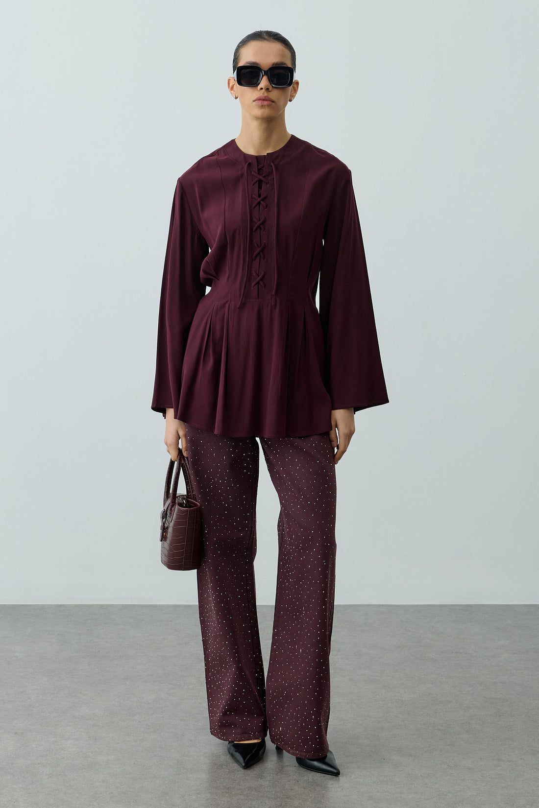 Lace-Up Detail Top Plum