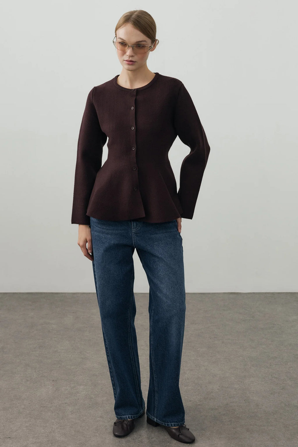 Wavy-Hem Knit Jacket Dark Brown
