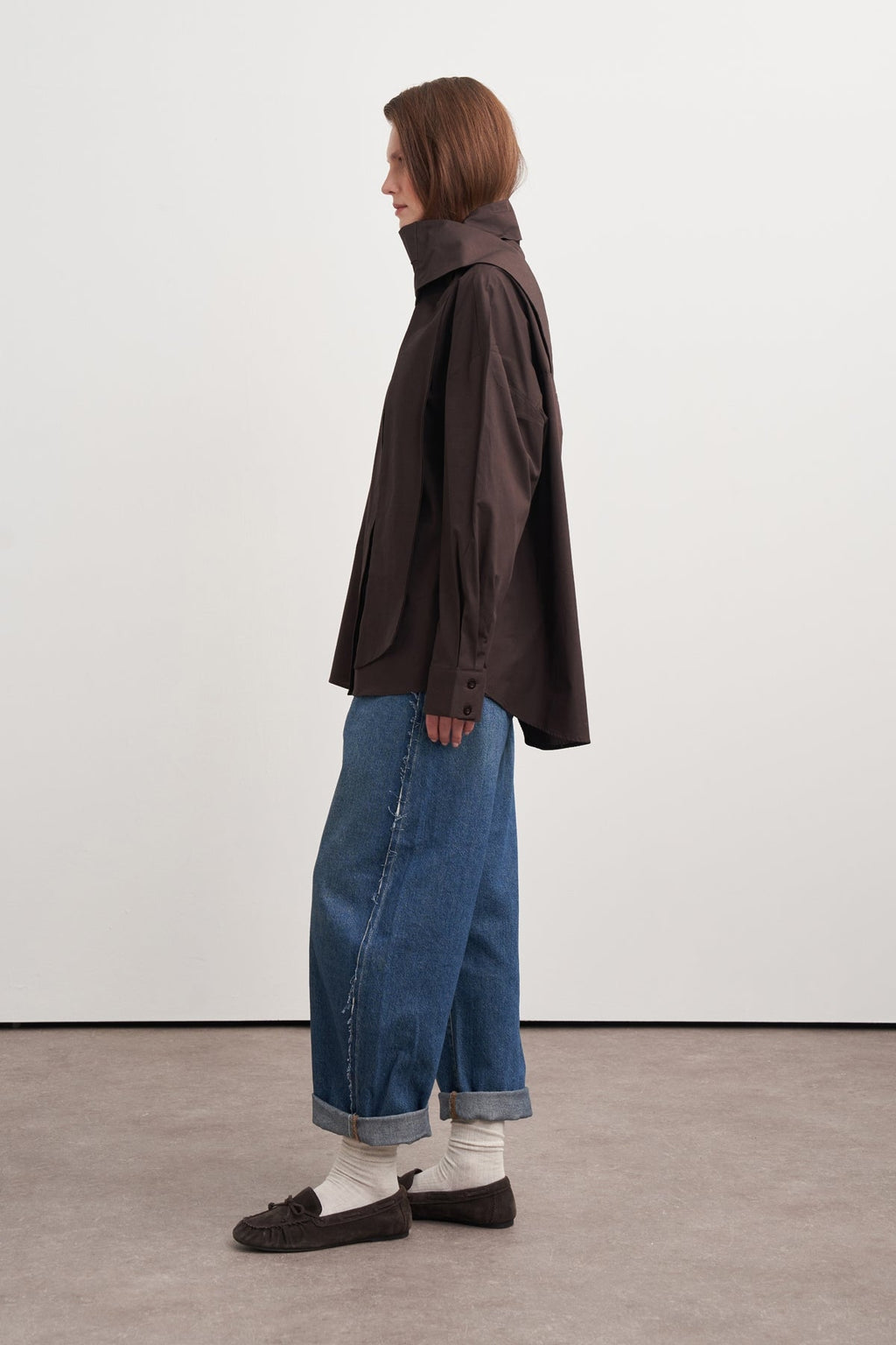 High-Neck Tie-Detail Poplin Shirt Brown