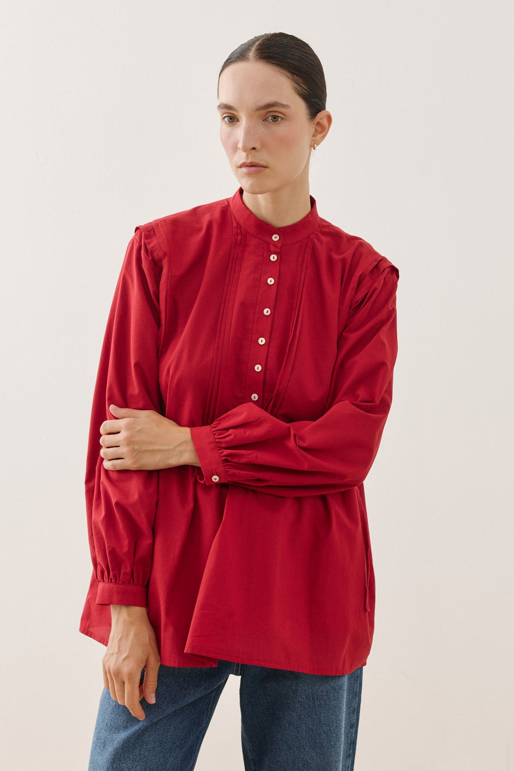 Pleated Cotton Shirt Red