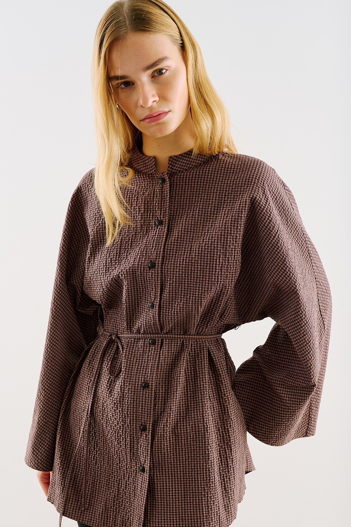 Wide-Sleeve Belted Tunic Brown