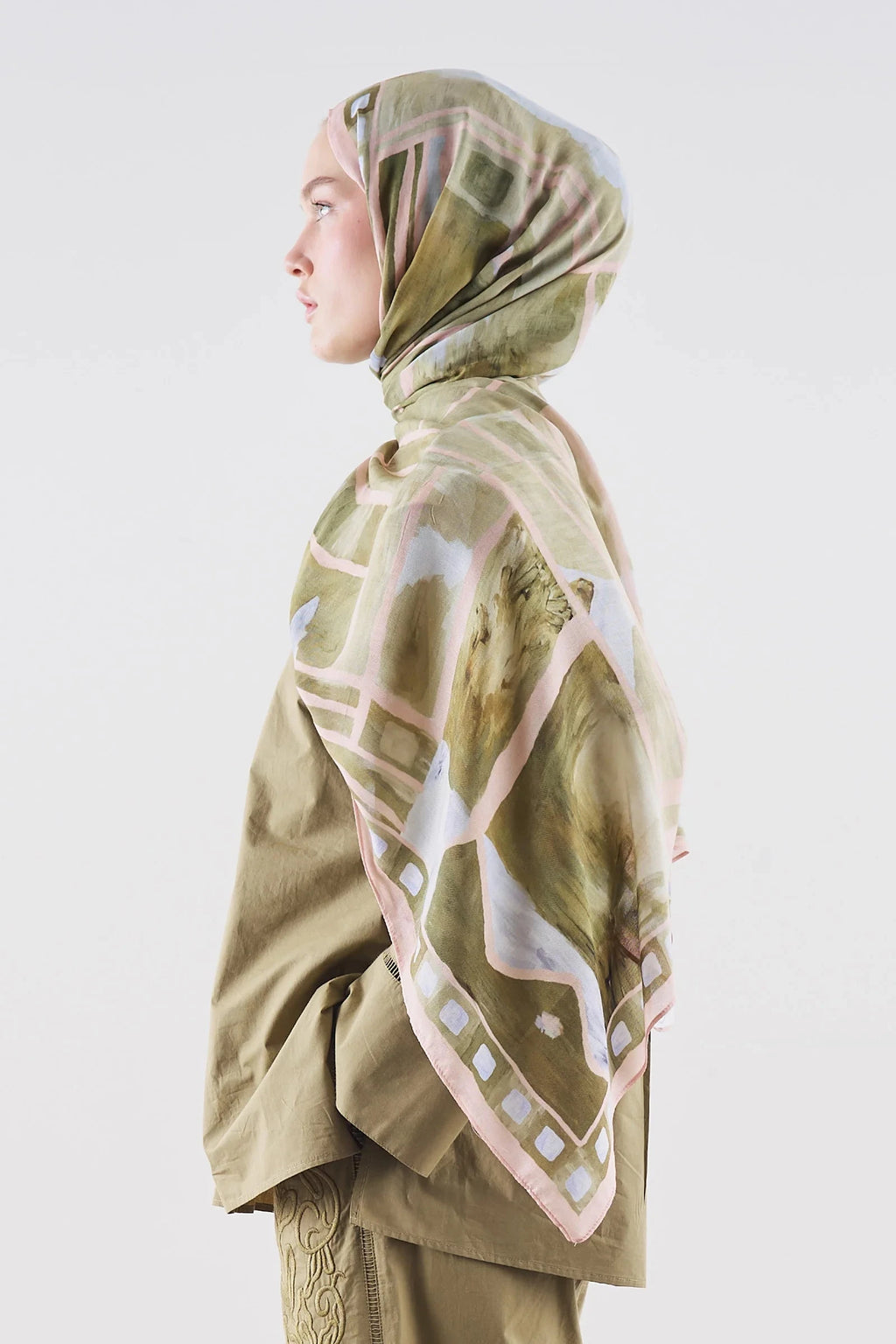 Abstract Blocks Ramie Viscose Shawl Khaki