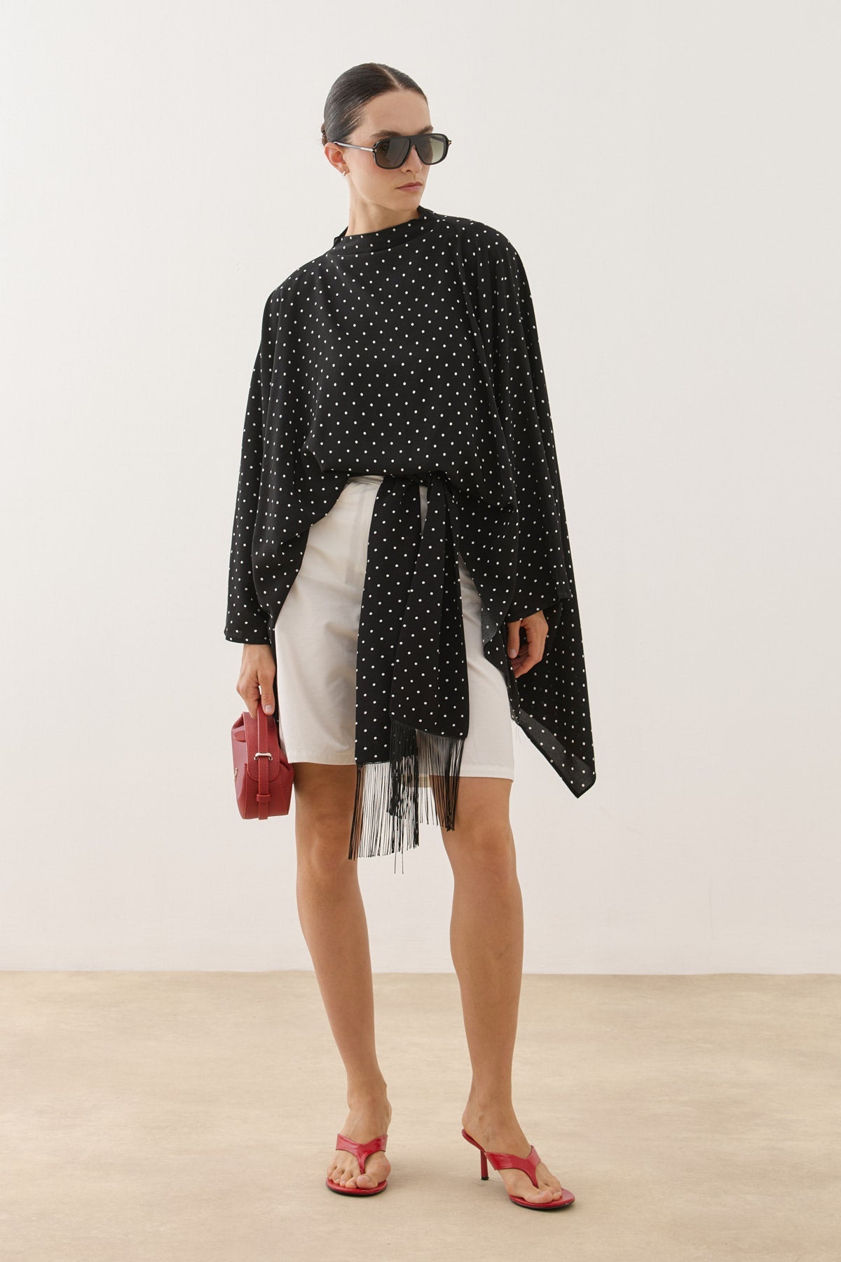 Polka Dot Poncho Blouse with Tassel Scarf Detail Black