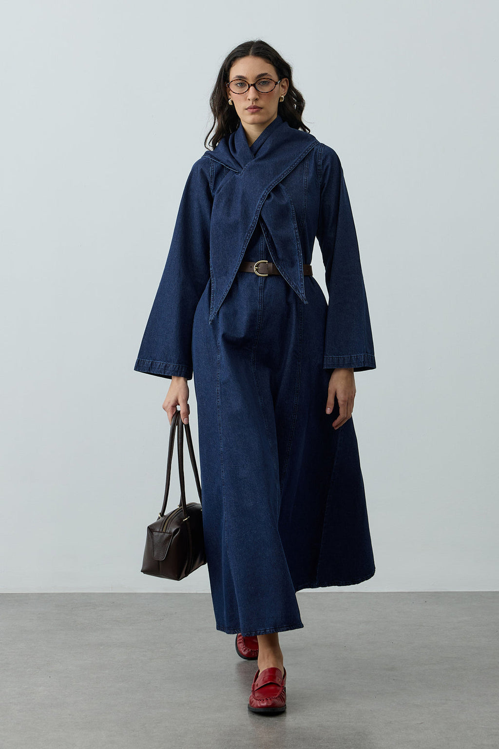 Scarf Detailed Denim Dress Navy Blue