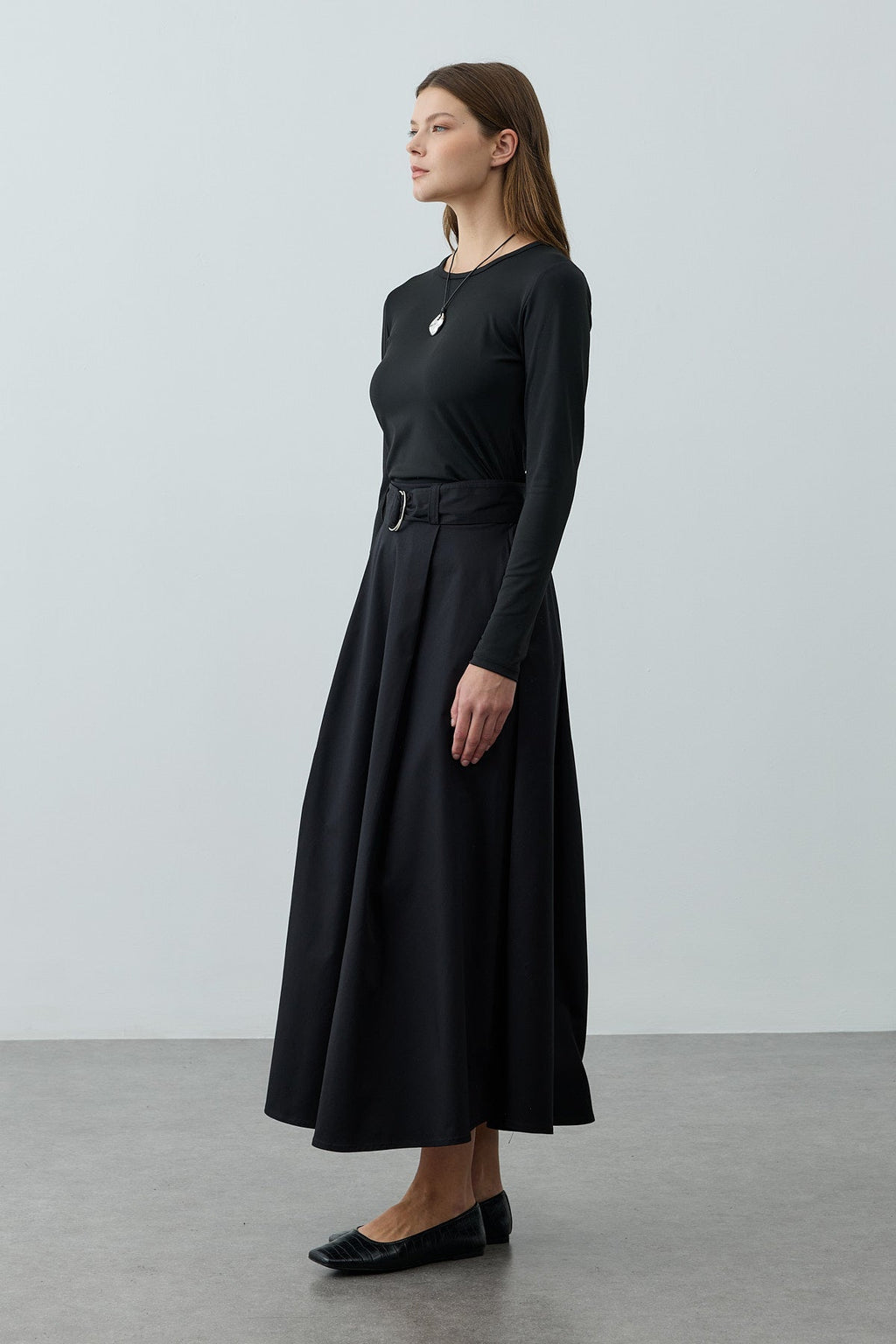 Belted Gabardine Skirt Black