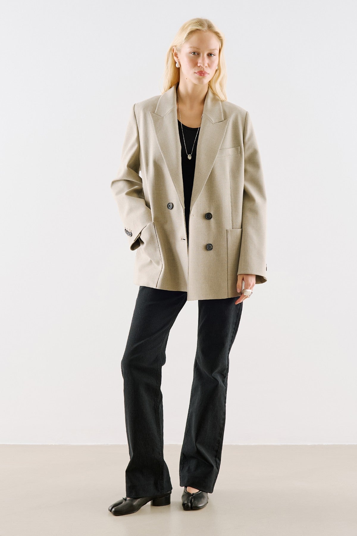 Belted Double-Breasted Pocket Blazer Jacket Stone
