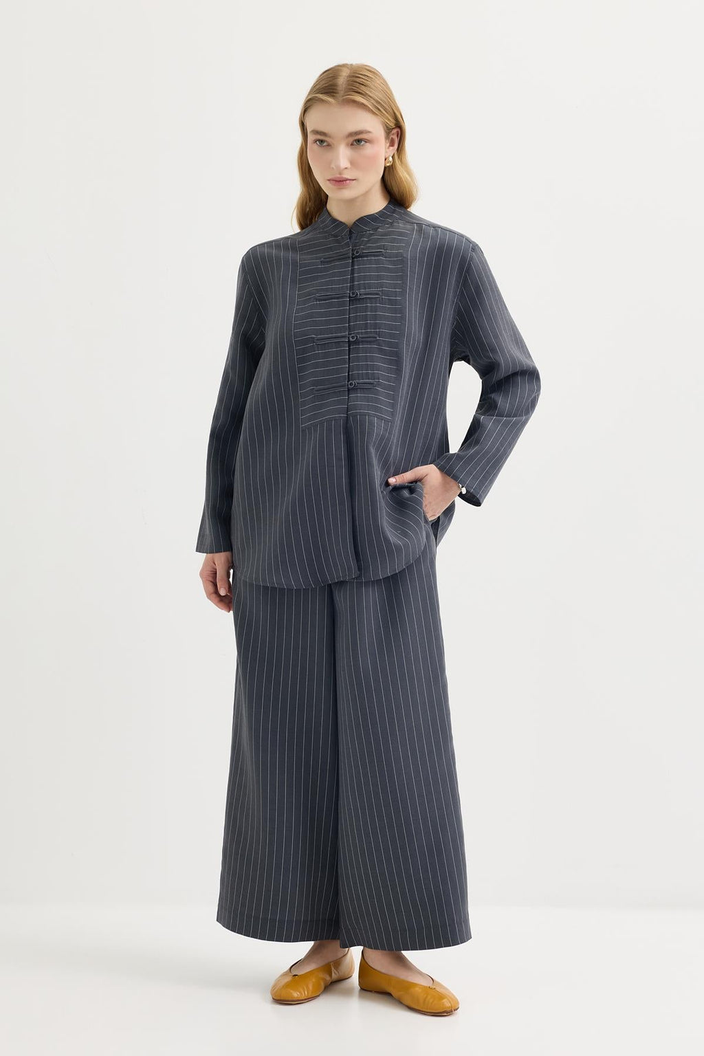 Striped Brit Sensual Shirt Trousers Set Dark Navy