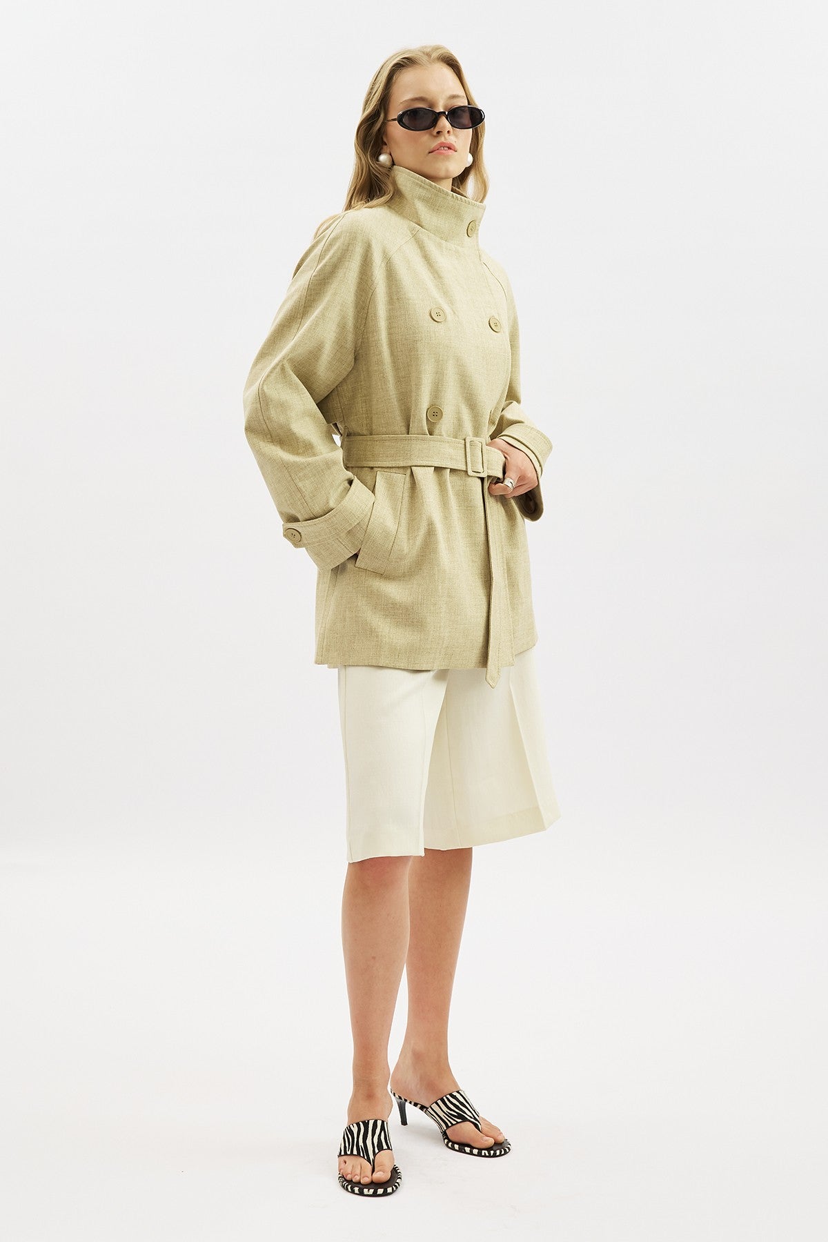 High-Neck Belted Trench Coat Milky Coffee