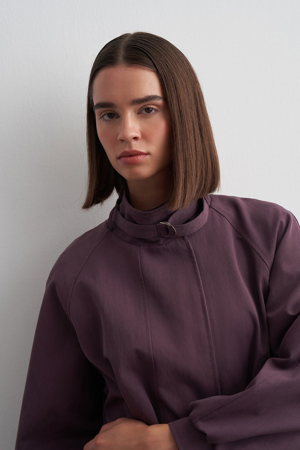 Stand-Collar Mid-Length Trench Coat Plum