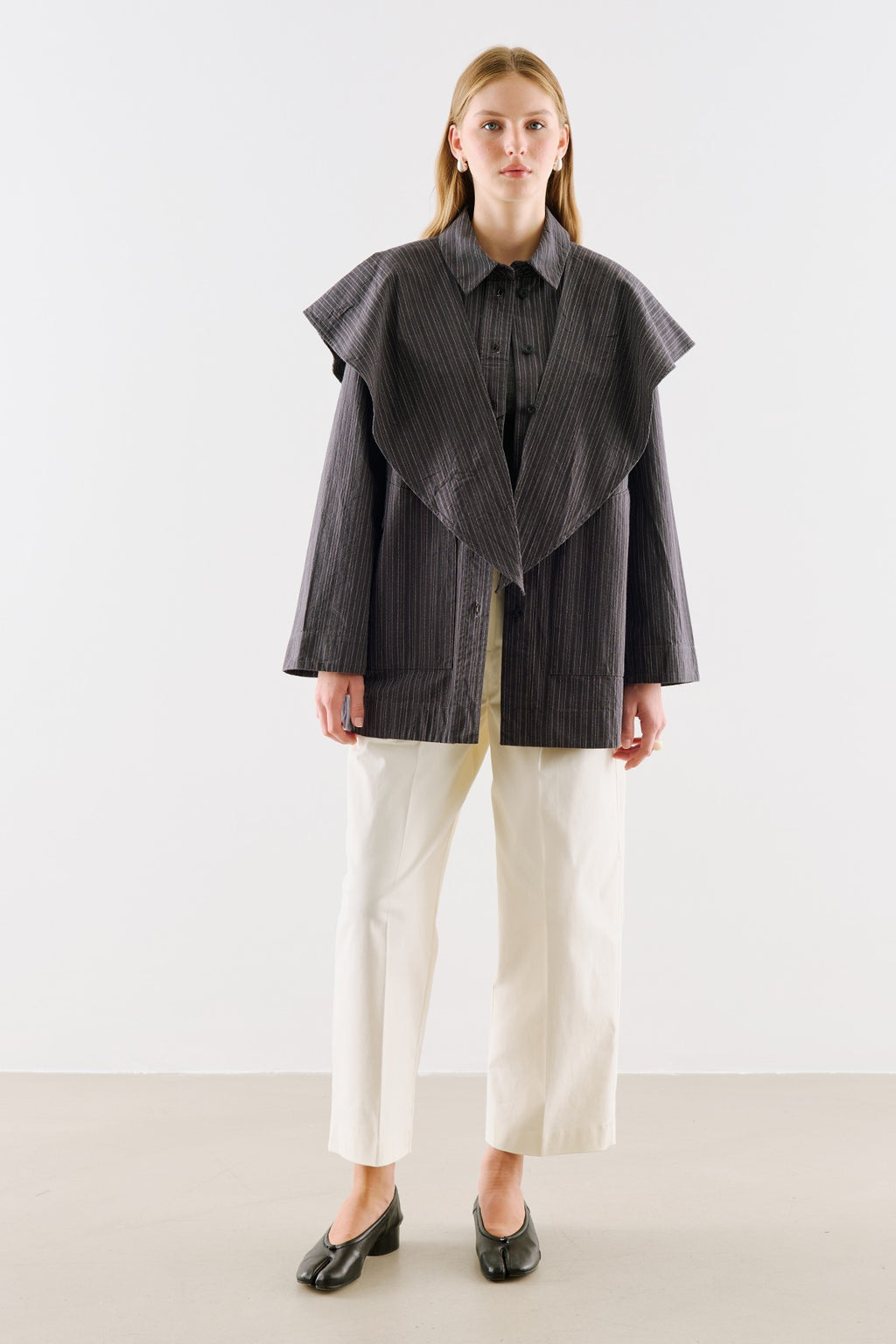 Scarf-Collar Shirt Jacket Black Striped