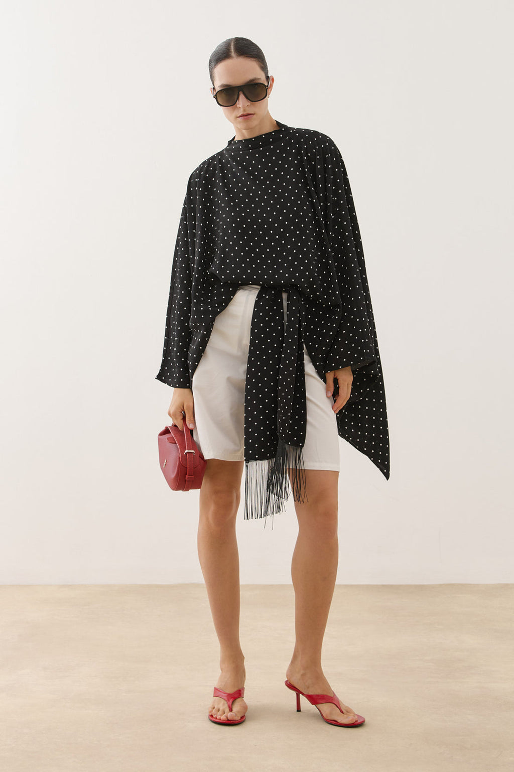 Polka Dot Poncho Blouse with Tassel Scarf Detail Black