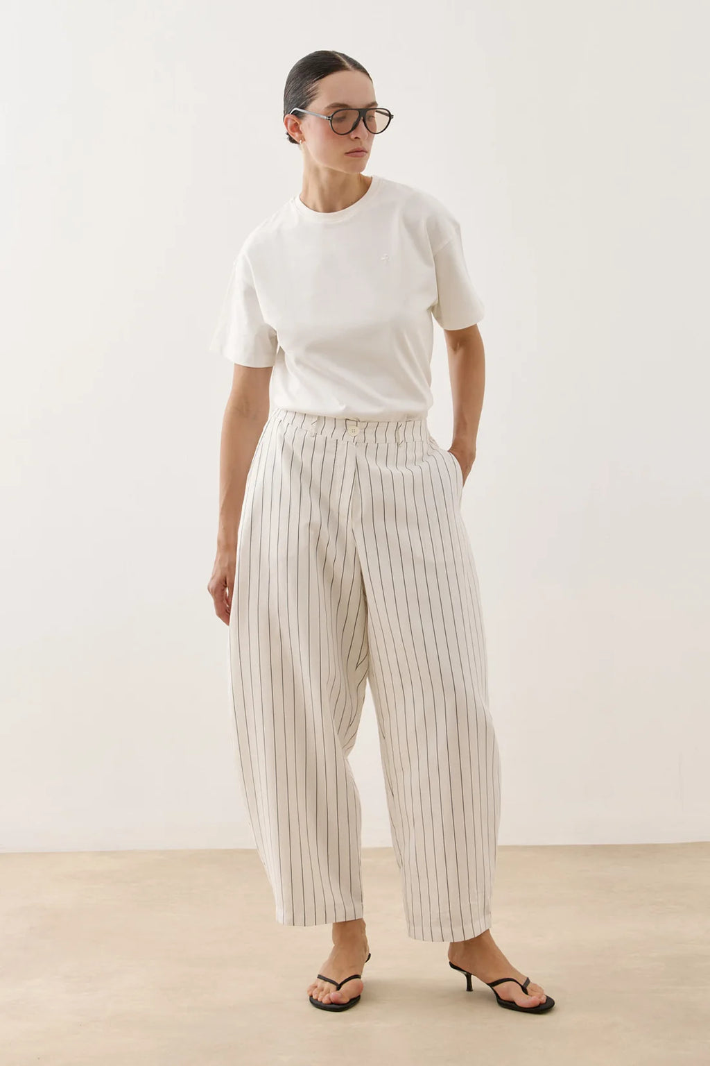 Striped Modal Barrel-Leg Pants White