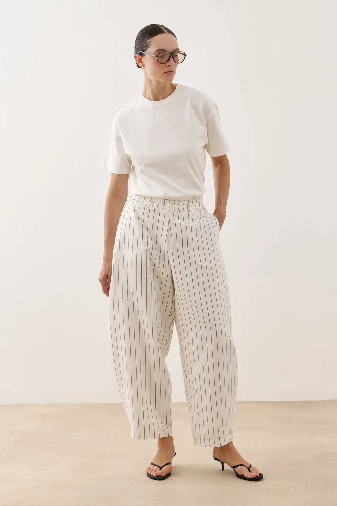 Striped Modal Barrel-Leg Pants White