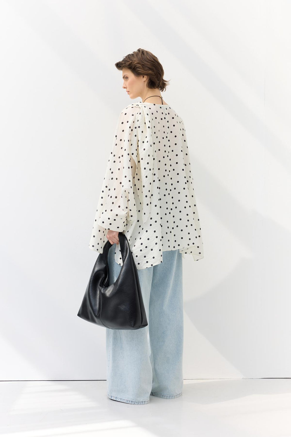 Shawl Collar Polka Dot Patterned Tunic White