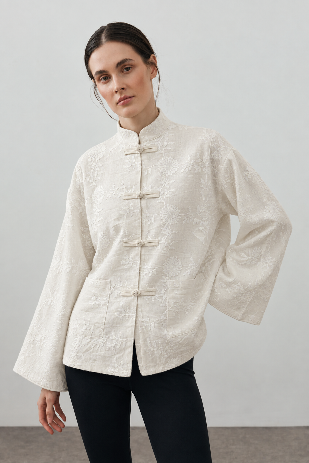 Embroidered Floral Linen Kimono Jacket
