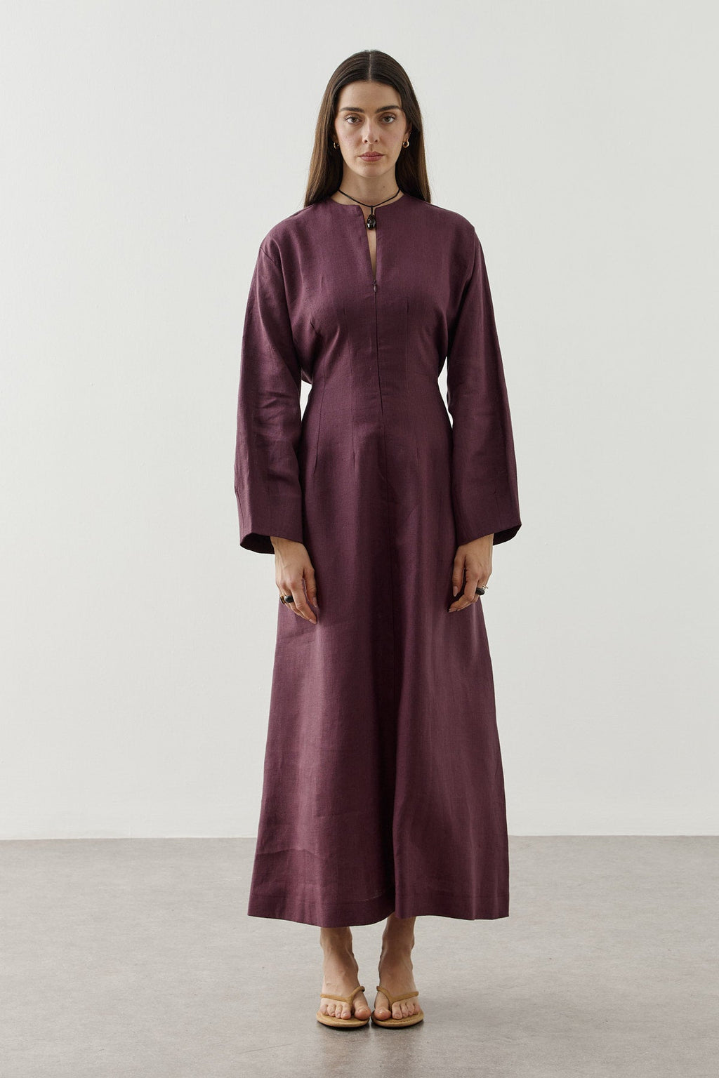 Linen Darted Zip-Up Dress Plum
