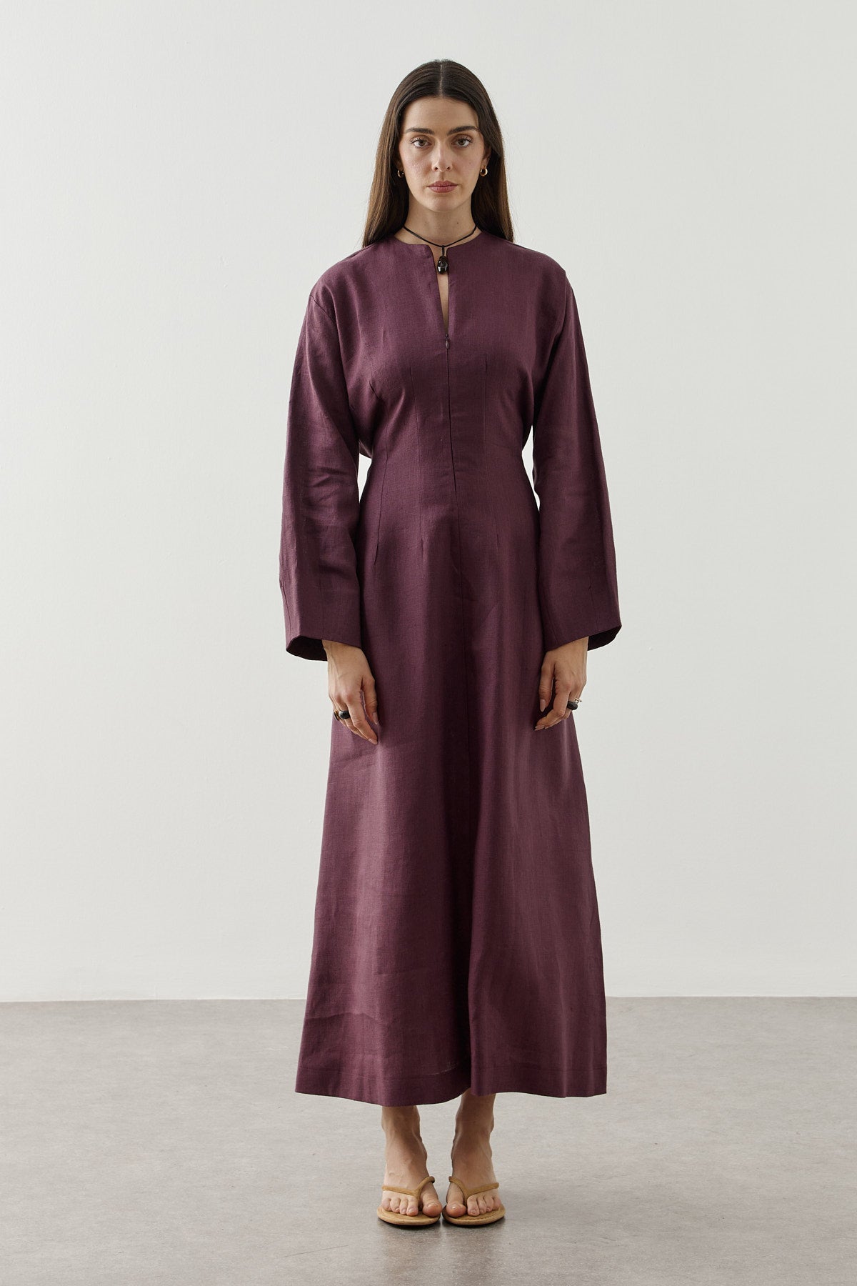 Linen Darted Zip-Up Dress Plum
