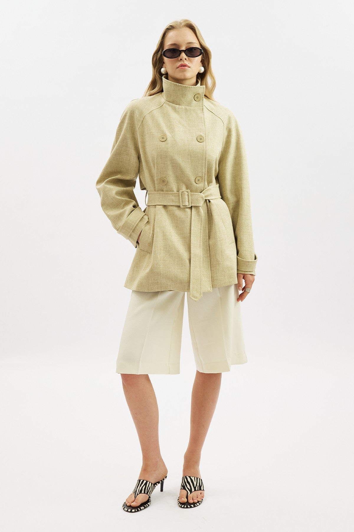 High-Neck Belted Trench Coat Milky Coffee