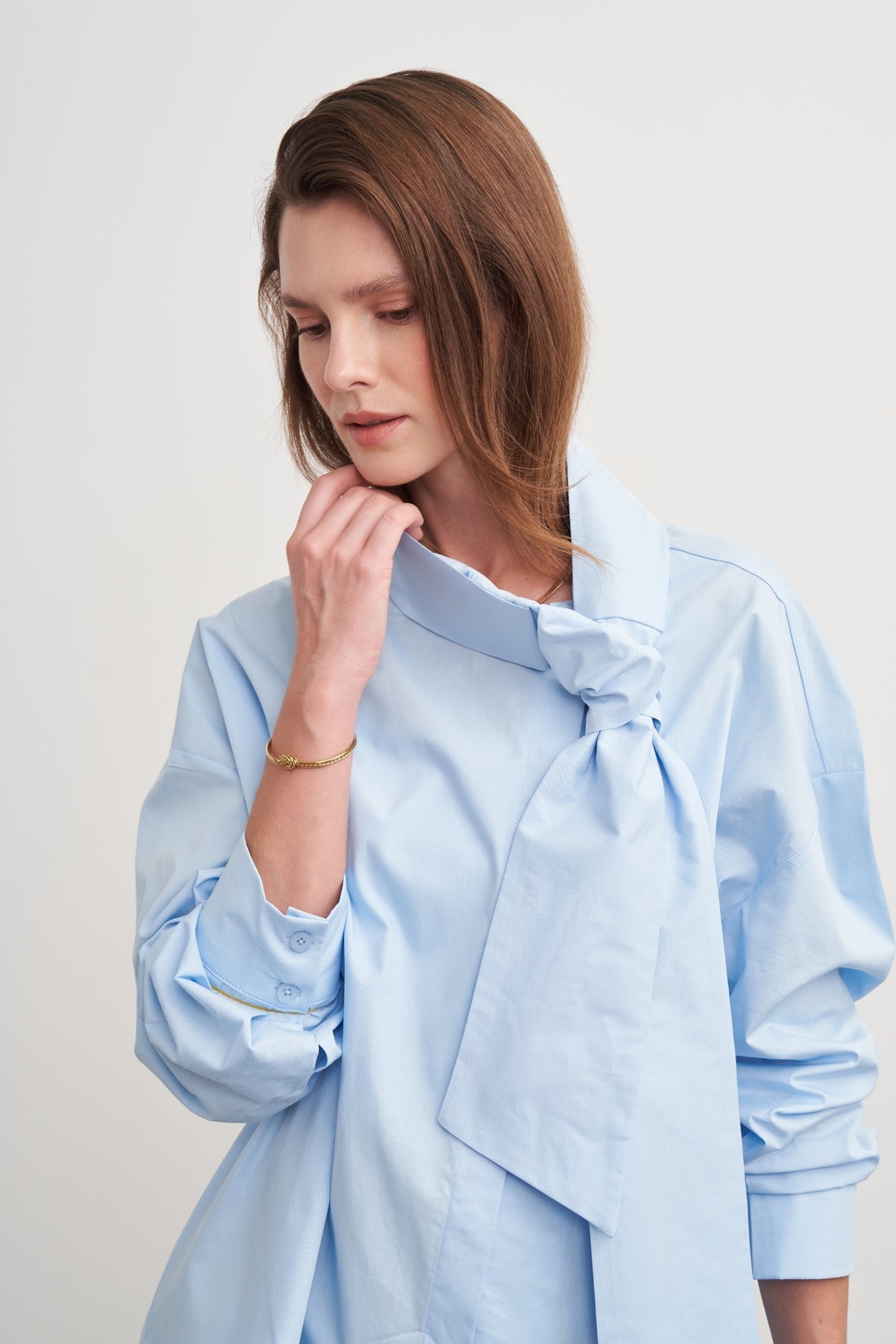 High-Neck Tie-Detail Poplin Shirt Light Blue