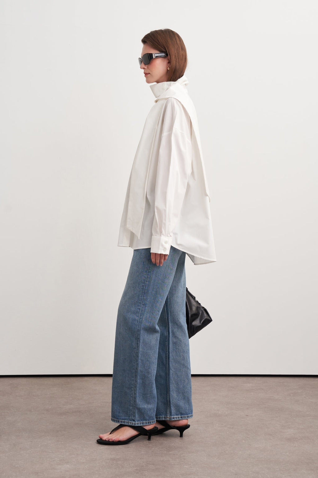 High-Neck Tie-Detail Poplin Shirt White